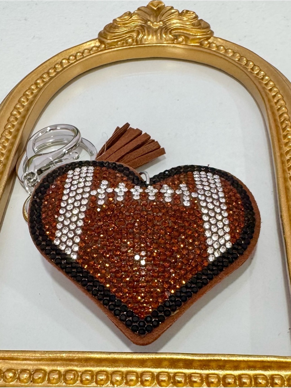 New Crystal-Embellished Brown Heart Football Keychain with Tassel
